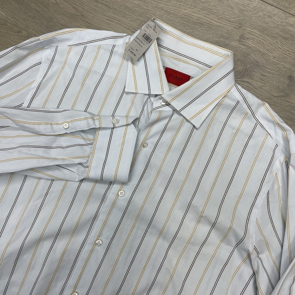 Isaia Napoli Blue Multicolor Striped Button Up Shirt Men Sz 17.5/44 Cotton Italy